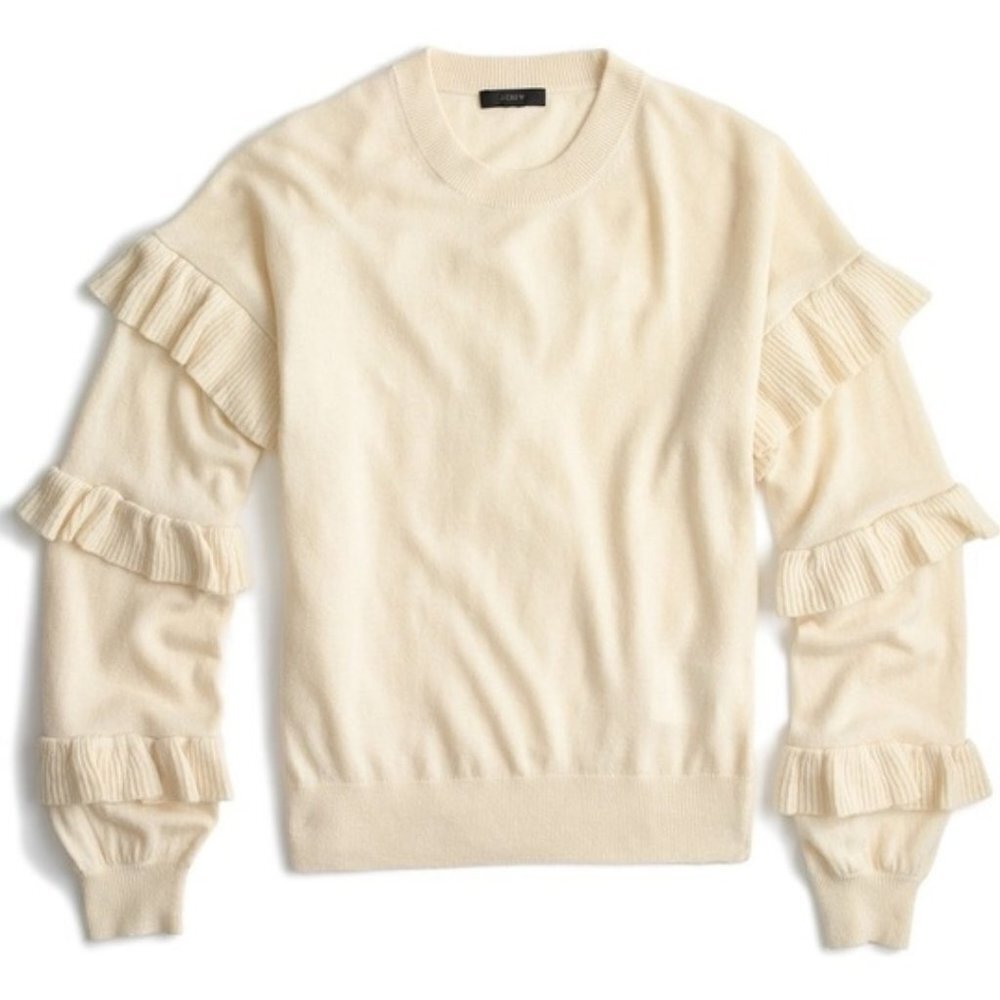 3/$30 J. CREW IVORY RUFFLE SLEEVE CREW NECK SWEATER XS